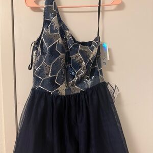 BCX Navy and Silver Sequin One-Shoulder Dress